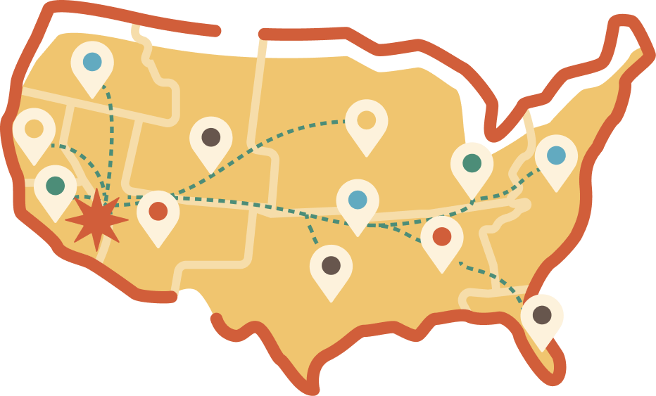 Map of the United States with caravan routes converging on Johnson Valley, CA